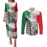 Italy Pisa Tower Couples Matching Puletasi and Long Sleeve Button Shirt White Lily With Flag Style - Wonder Print Shop
