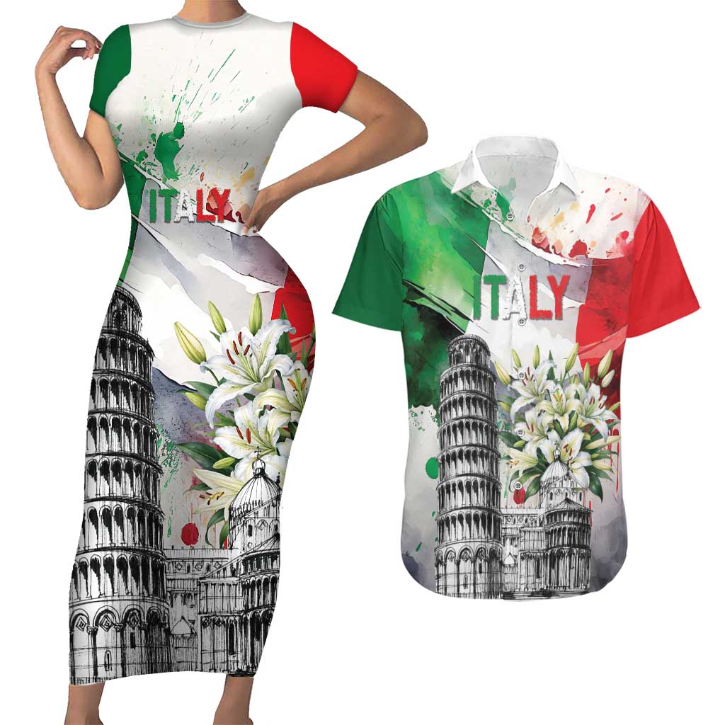 Italy Pisa Tower Couples Matching Short Sleeve Bodycon Dress and Hawaiian Shirt White Lily With Flag Style - Wonder Print Shop