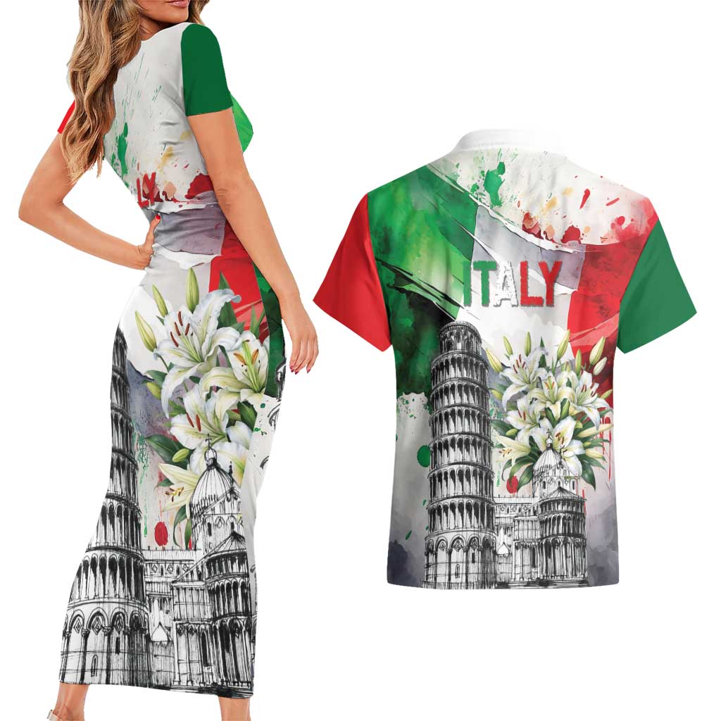 Italy Pisa Tower Couples Matching Short Sleeve Bodycon Dress and Hawaiian Shirt White Lily With Flag Style - Wonder Print Shop