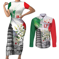 Italy Pisa Tower Couples Matching Short Sleeve Bodycon Dress and Long Sleeve Button Shirt White Lily With Flag Style - Wonder Print Shop