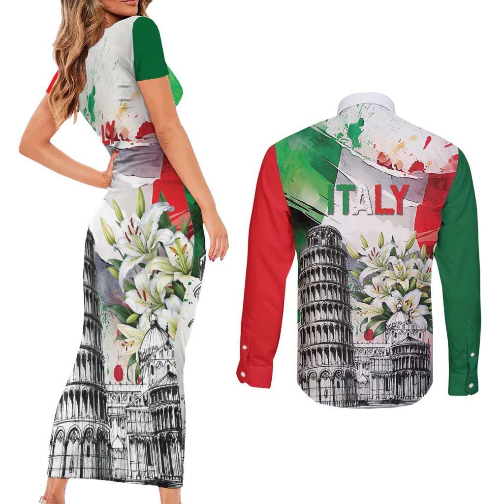 Italy Pisa Tower Couples Matching Short Sleeve Bodycon Dress and Long Sleeve Button Shirt White Lily With Flag Style - Wonder Print Shop