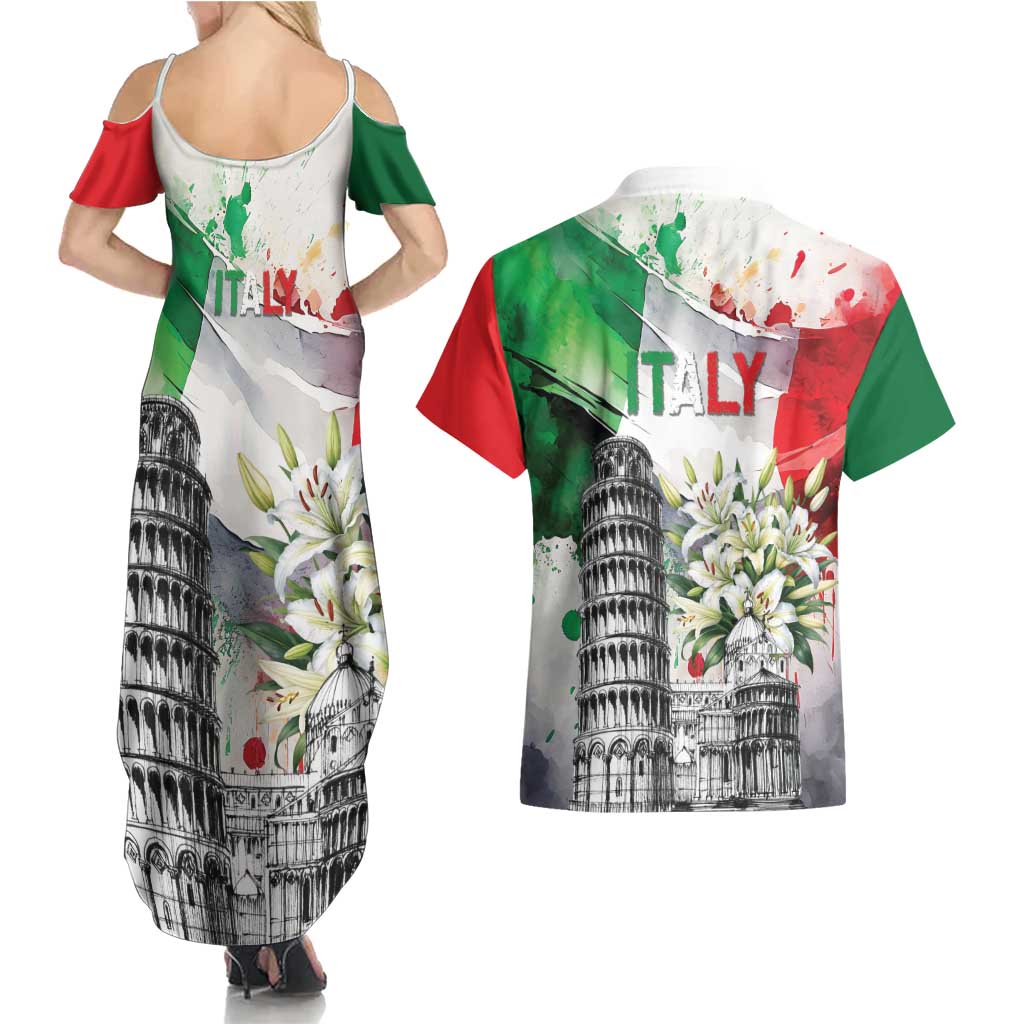 Italy Pisa Tower Couples Matching Summer Maxi Dress and Hawaiian Shirt White Lily With Flag Style - Wonder Print Shop