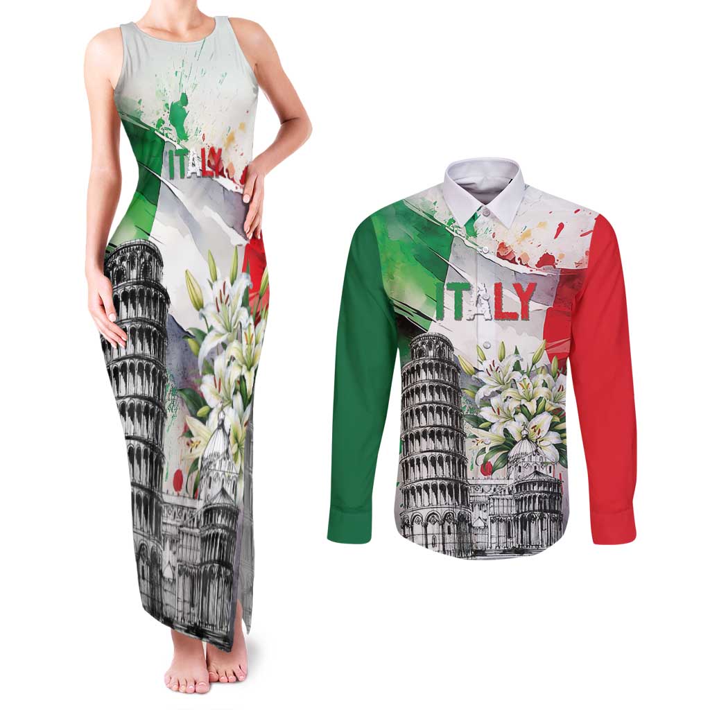 Italy Pisa Tower Couples Matching Tank Maxi Dress and Long Sleeve Button Shirt White Lily With Flag Style - Wonder Print Shop