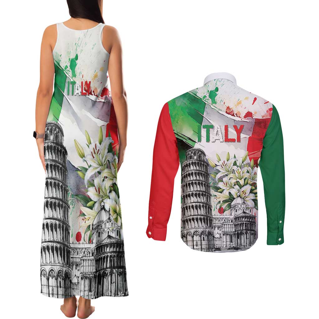 Italy Pisa Tower Couples Matching Tank Maxi Dress and Long Sleeve Button Shirt White Lily With Flag Style - Wonder Print Shop