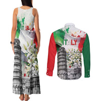 Italy Pisa Tower Couples Matching Tank Maxi Dress and Long Sleeve Button Shirt White Lily With Flag Style - Wonder Print Shop