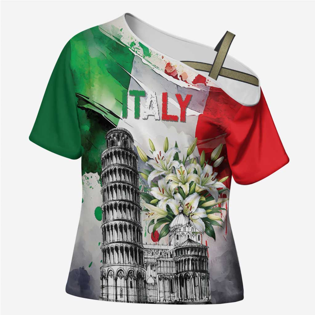Italy Pisa Tower Cross Shoulder Shirt White Lily With Flag Style - Wonder Print Shop