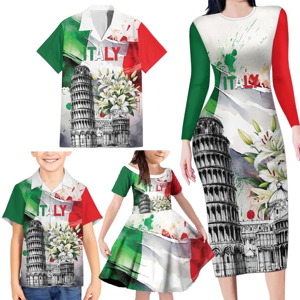 Italy Pisa Tower Family Matching Long Sleeve Bodycon Dress and Hawaiian Shirt White Lily With Flag Style - Wonder Print Shop