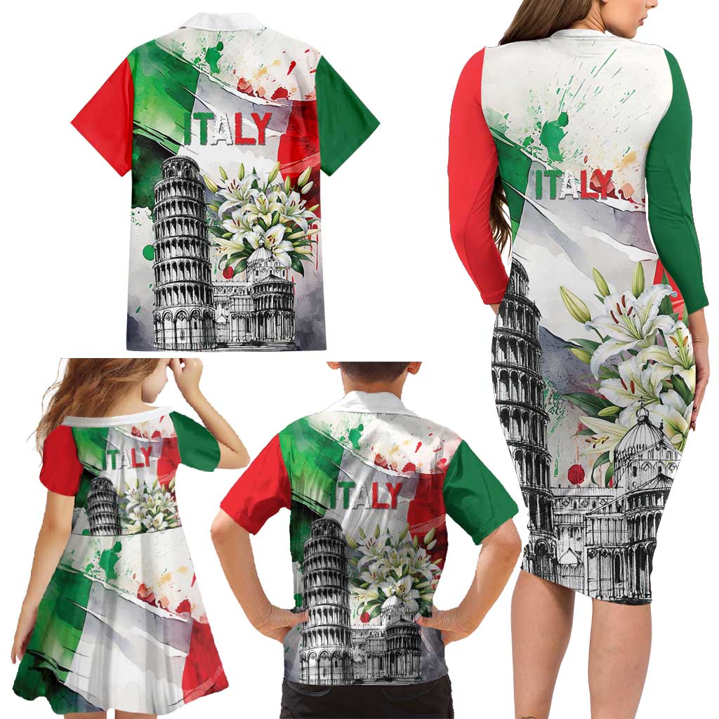 Italy Pisa Tower Family Matching Long Sleeve Bodycon Dress and Hawaiian Shirt White Lily With Flag Style - Wonder Print Shop