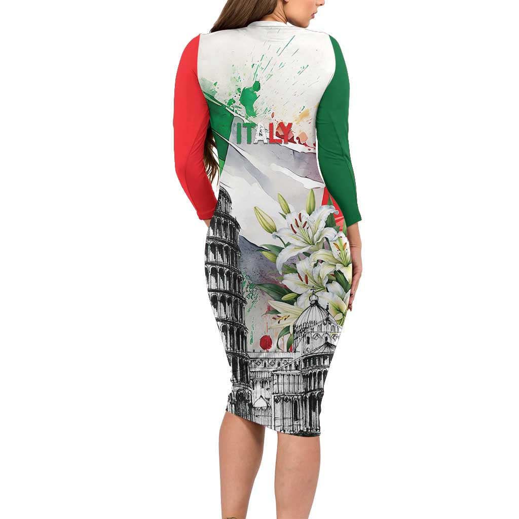 Italy Pisa Tower Family Matching Long Sleeve Bodycon Dress and Hawaiian Shirt White Lily With Flag Style - Wonder Print Shop