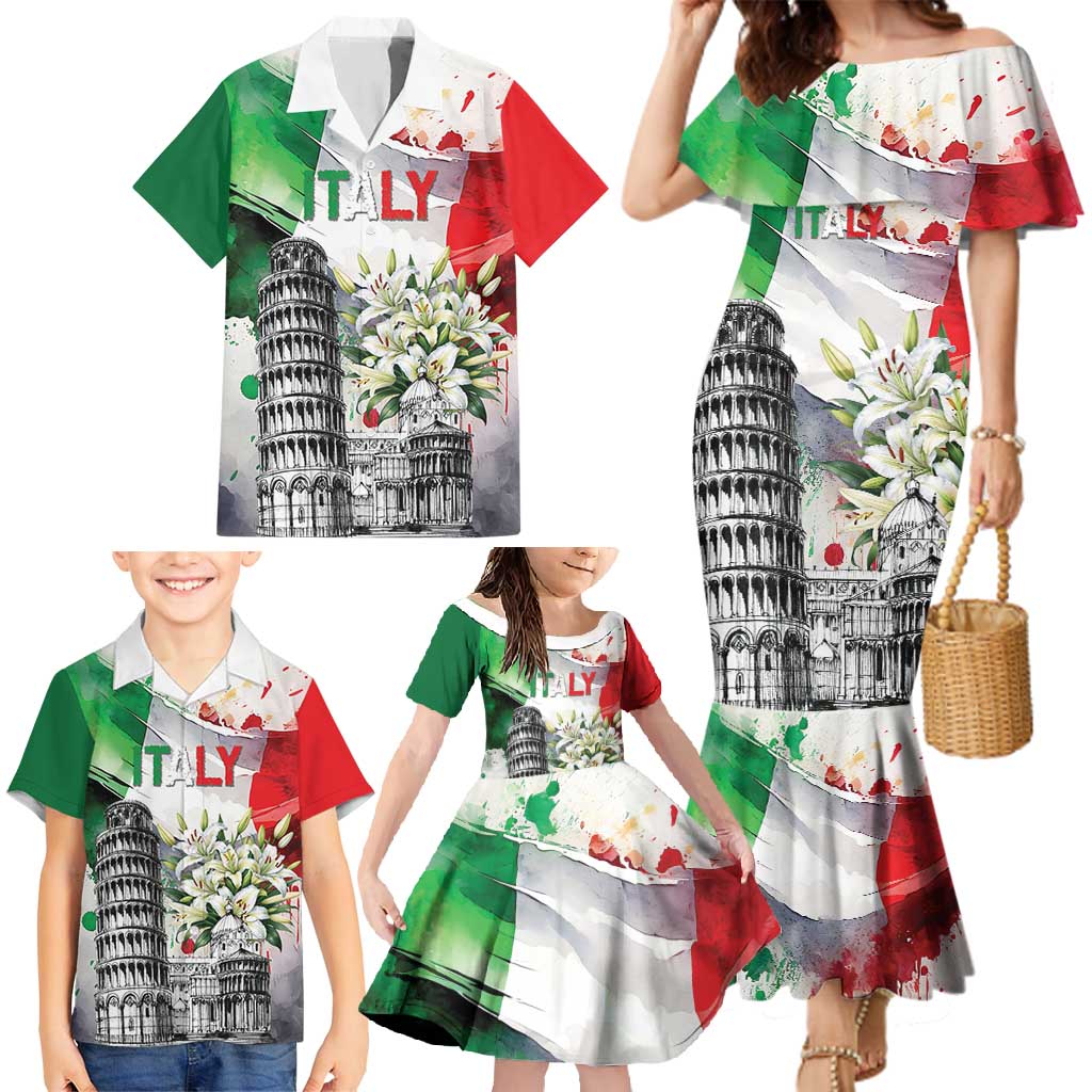 Italy Pisa Tower Family Matching Mermaid Dress and Hawaiian Shirt White Lily With Flag Style - Wonder Print Shop