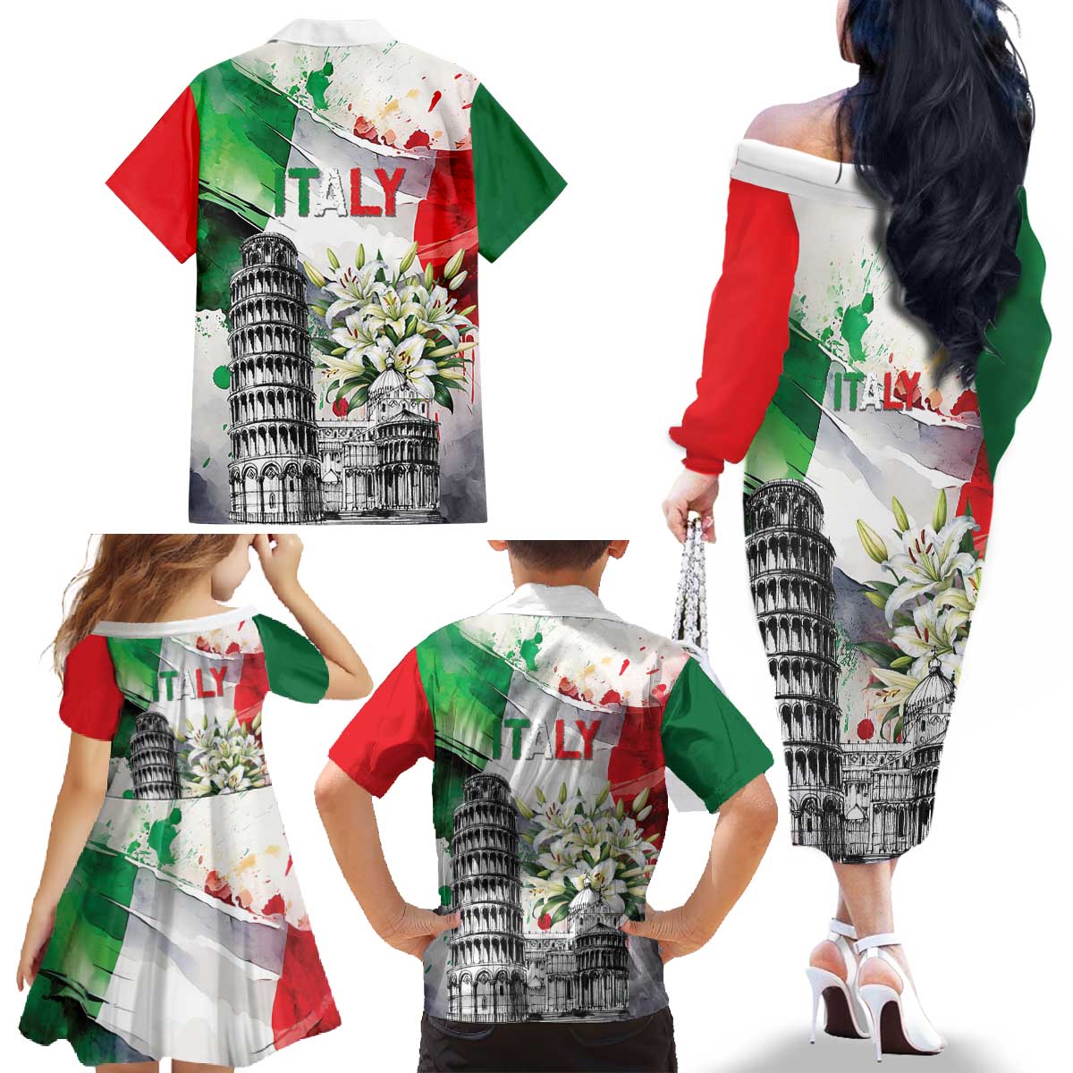 Italy Pisa Tower Family Matching Off The Shoulder Long Sleeve Dress and Hawaiian Shirt White Lily With Flag Style - Wonder Print Shop