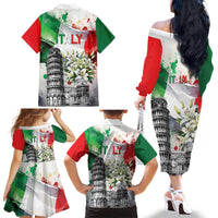 Italy Pisa Tower Family Matching Off The Shoulder Long Sleeve Dress and Hawaiian Shirt White Lily With Flag Style - Wonder Print Shop