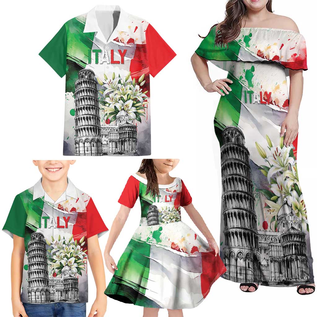 Italy Pisa Tower Family Matching Off Shoulder Maxi Dress and Hawaiian Shirt White Lily With Flag Style - Wonder Print Shop