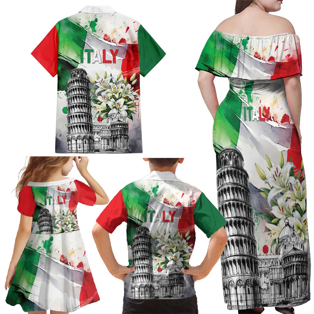 Italy Pisa Tower Family Matching Off Shoulder Maxi Dress and Hawaiian Shirt White Lily With Flag Style - Wonder Print Shop