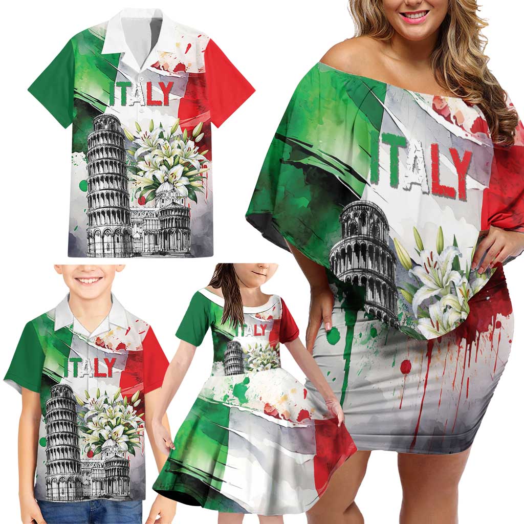Italy Pisa Tower Family Matching Off Shoulder Short Dress and Hawaiian Shirt White Lily With Flag Style - Wonder Print Shop