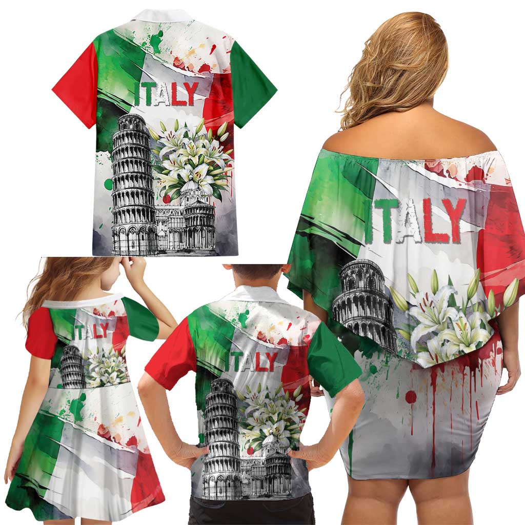 Italy Pisa Tower Family Matching Off Shoulder Short Dress and Hawaiian Shirt White Lily With Flag Style - Wonder Print Shop