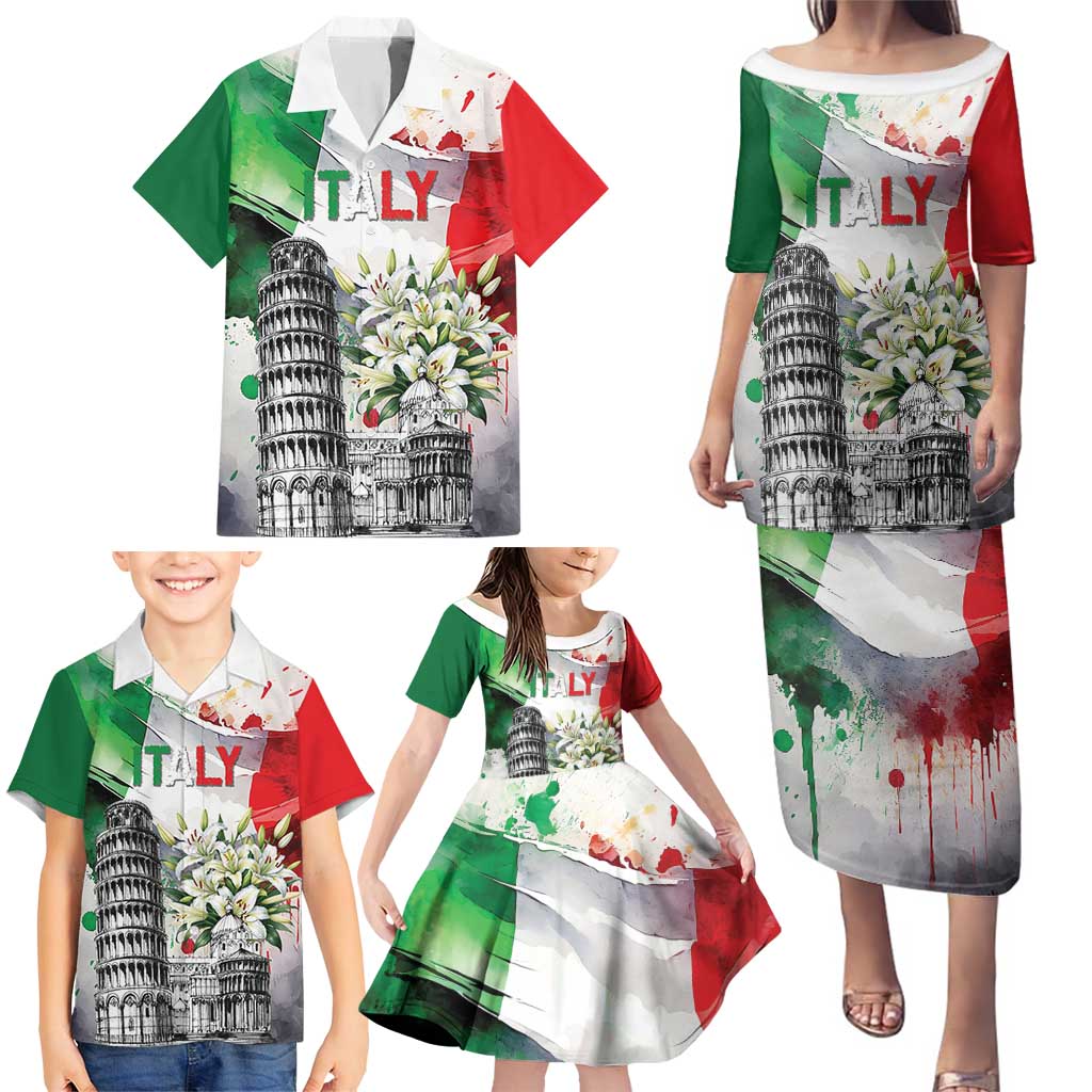 Italy Pisa Tower Family Matching Puletasi and Hawaiian Shirt White Lily With Flag Style - Wonder Print Shop