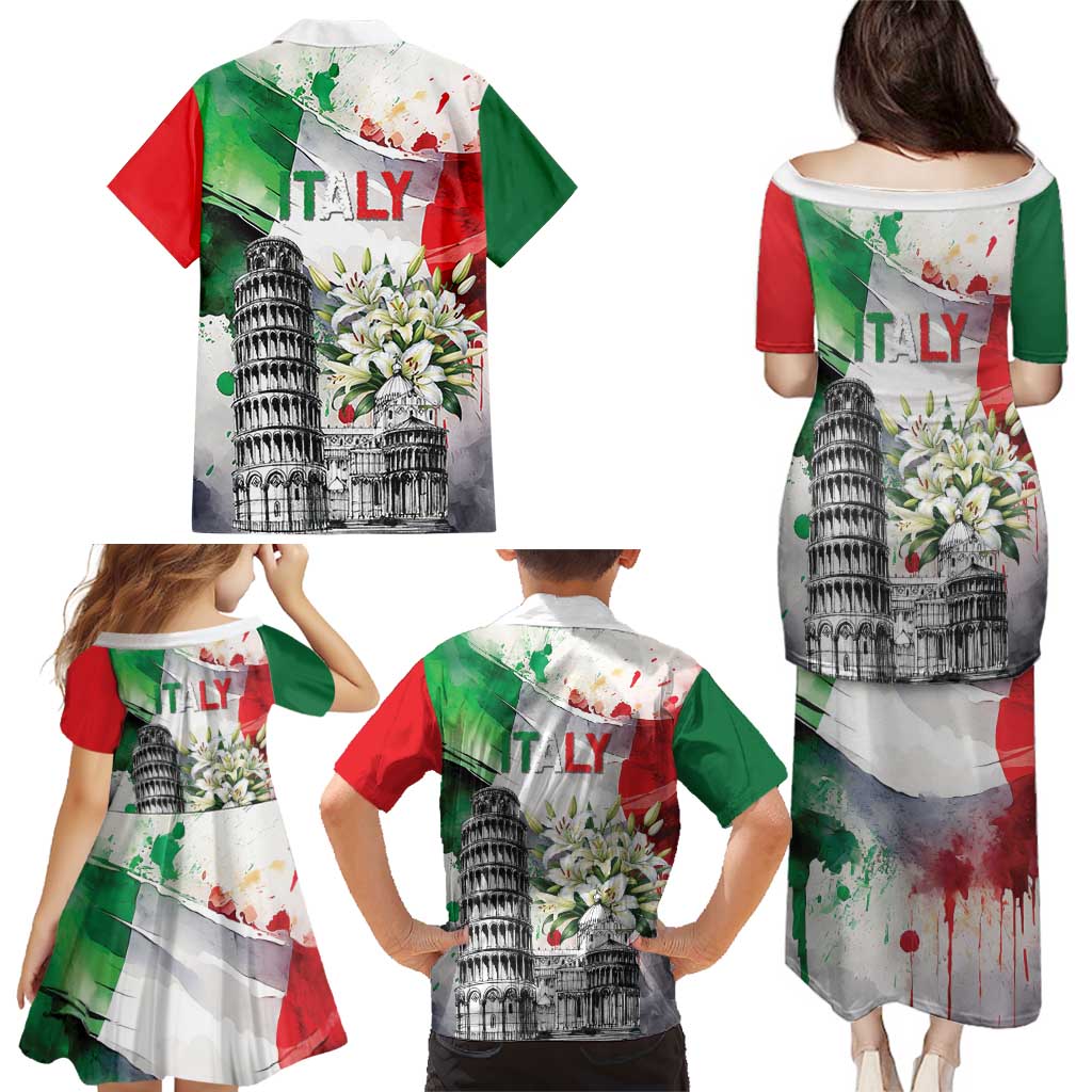 Italy Pisa Tower Family Matching Puletasi and Hawaiian Shirt White Lily With Flag Style - Wonder Print Shop