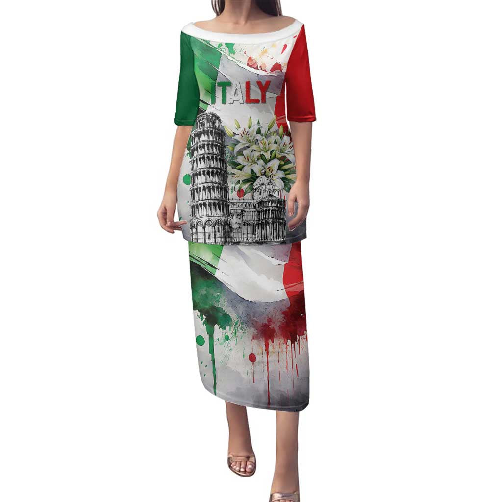 Italy Pisa Tower Family Matching Puletasi and Hawaiian Shirt White Lily With Flag Style - Wonder Print Shop