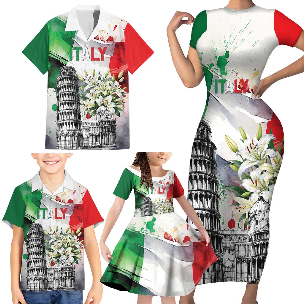 Italy Pisa Tower Family Matching Short Sleeve Bodycon Dress and Hawaiian Shirt White Lily With Flag Style - Wonder Print Shop