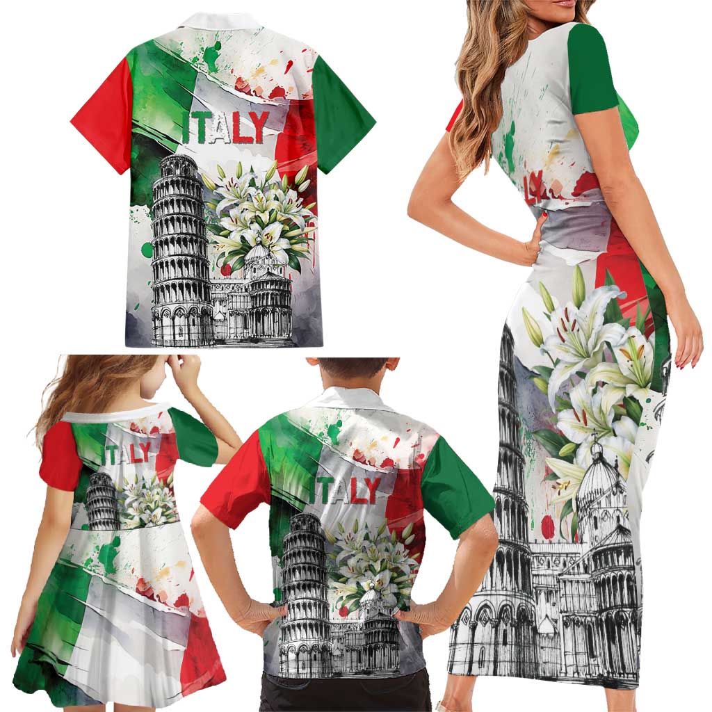 Italy Pisa Tower Family Matching Short Sleeve Bodycon Dress and Hawaiian Shirt White Lily With Flag Style - Wonder Print Shop