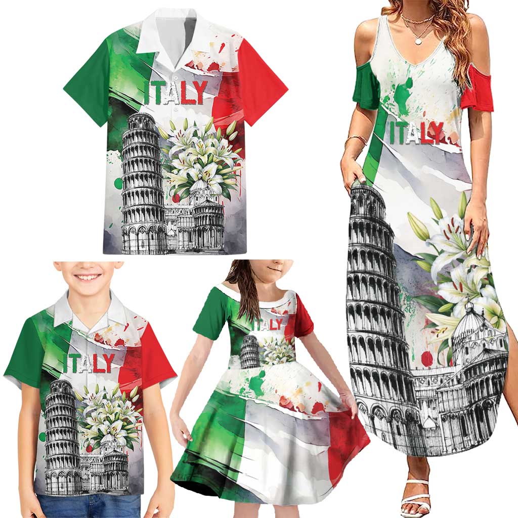 Italy Pisa Tower Family Matching Summer Maxi Dress and Hawaiian Shirt White Lily With Flag Style - Wonder Print Shop
