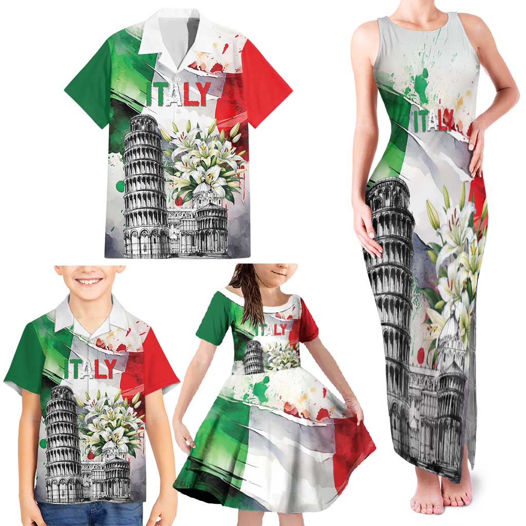 Italy Pisa Tower Family Matching Tank Maxi Dress and Hawaiian Shirt White Lily With Flag Style - Wonder Print Shop