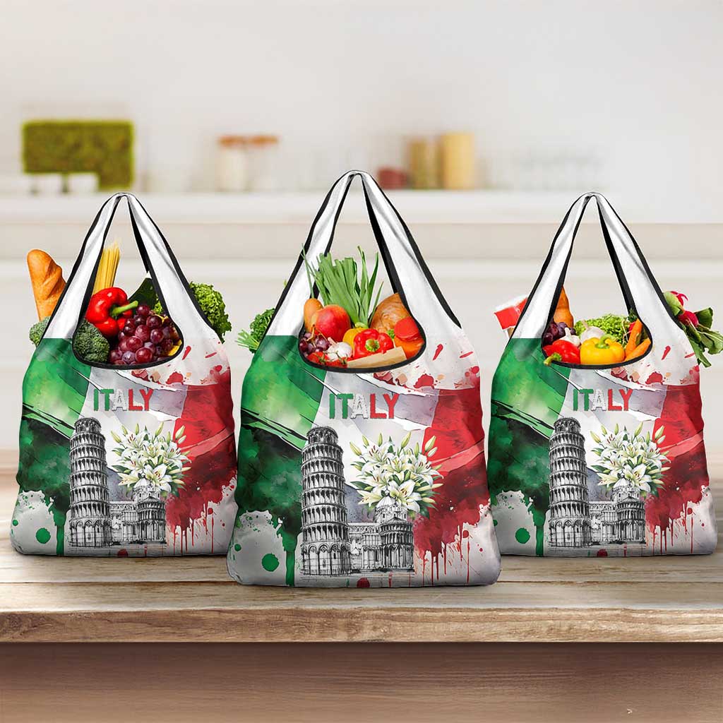 Italy Pisa Tower Grocery Bag White Lily With Flag Style - Wonder Print Shop
