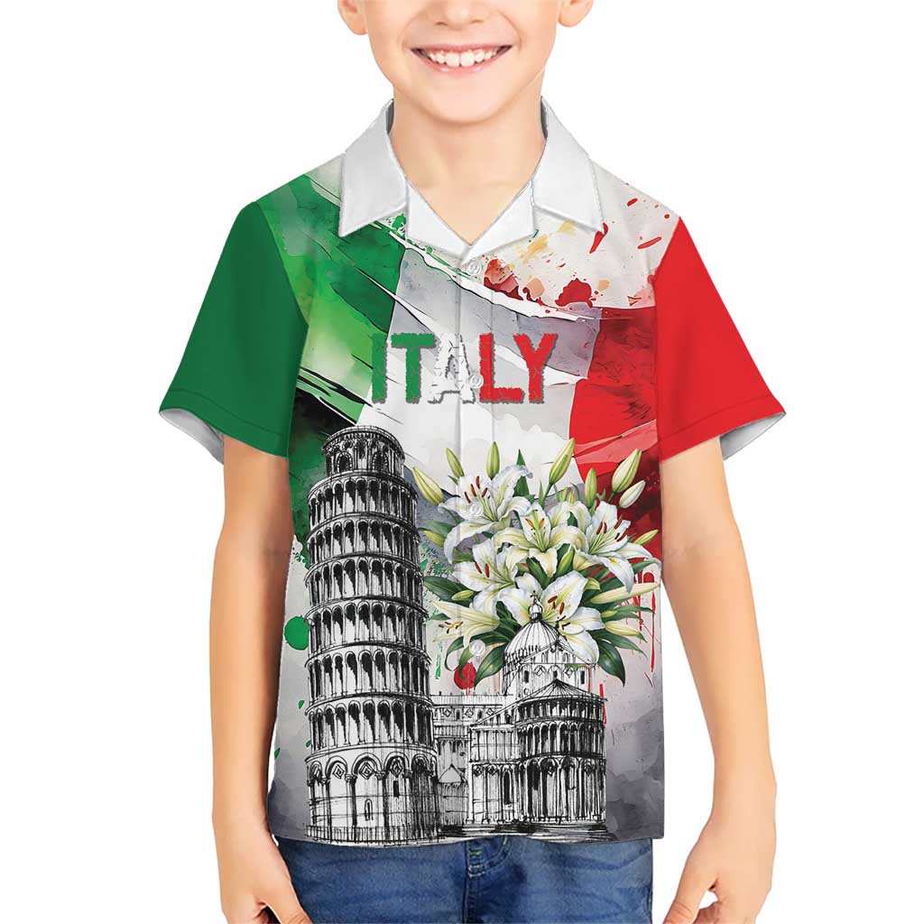 Italy Pisa Tower Kid Hawaiian Shirt White Lily With Flag Style - Wonder Print Shop