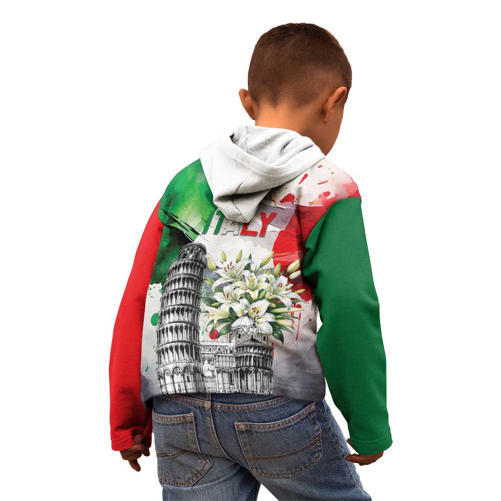 Italy Pisa Tower Kid Hoodie White Lily With Flag Style - Wonder Print Shop