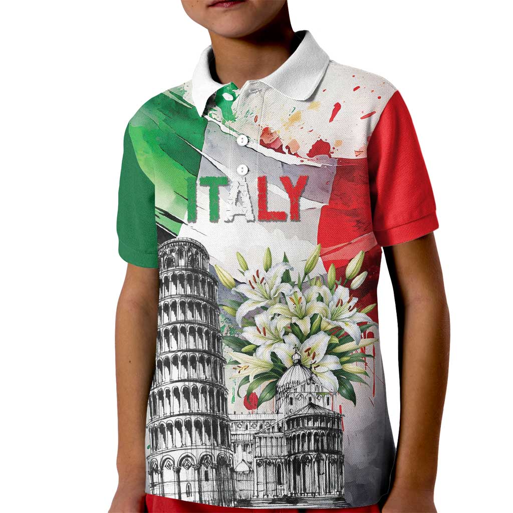 Italy Pisa Tower Kid Polo Shirt White Lily With Flag Style - Wonder Print Shop