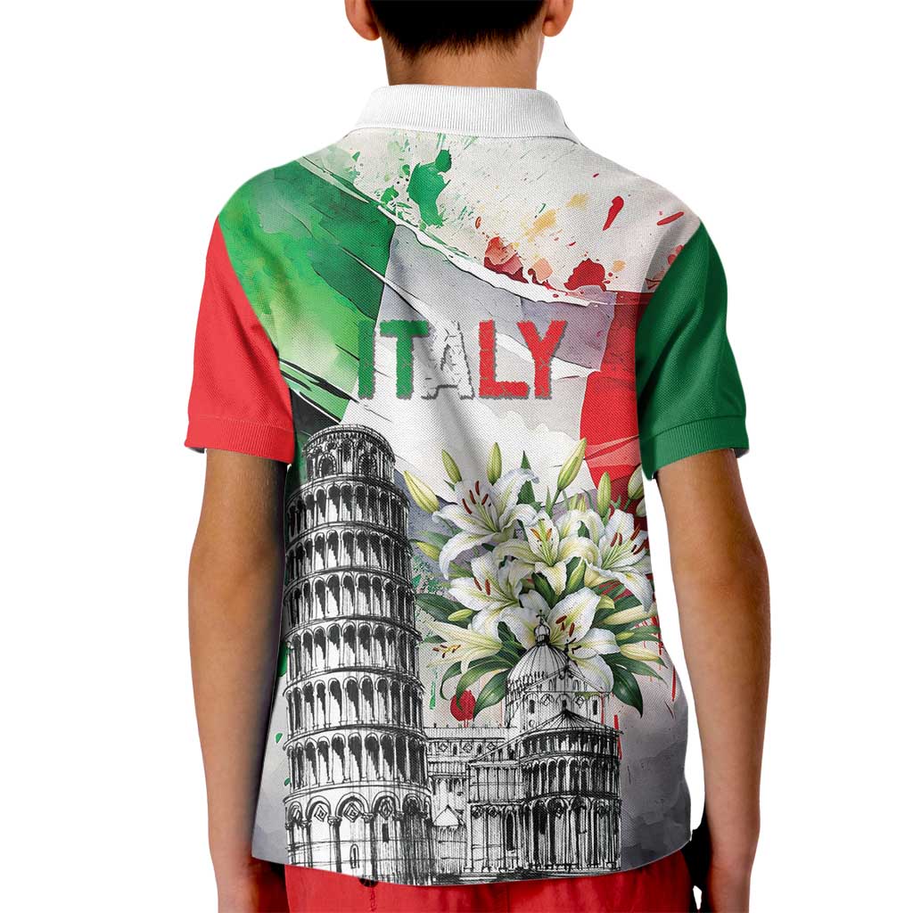 Italy Pisa Tower Kid Polo Shirt White Lily With Flag Style - Wonder Print Shop