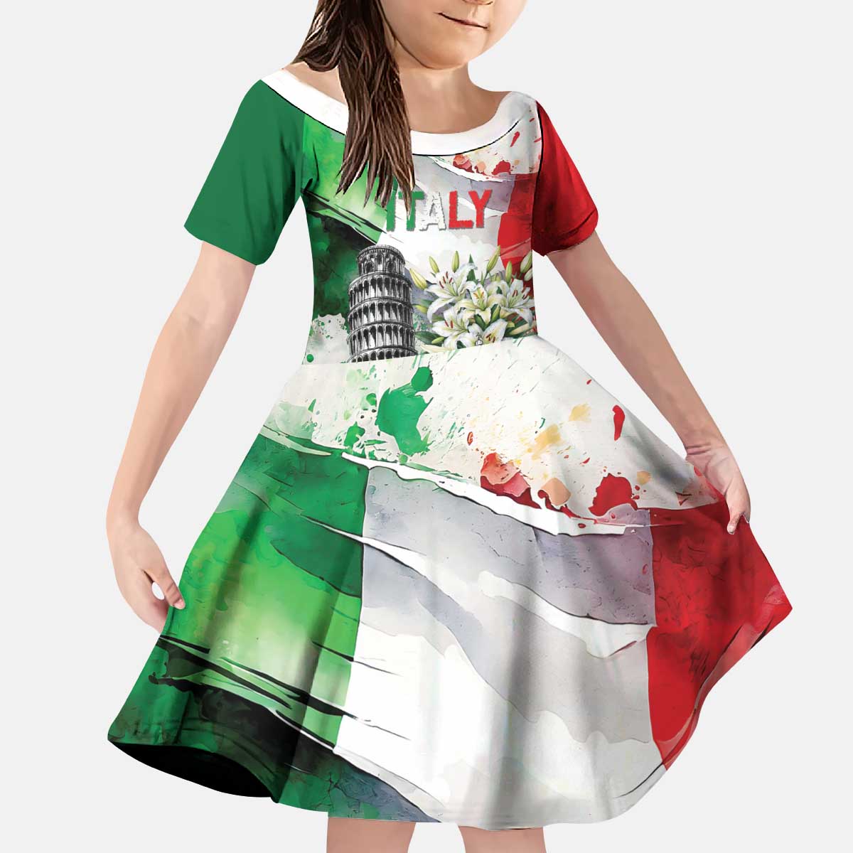 Italy Pisa Tower Kid Short Sleeve Dress White Lily With Flag Style - Wonder Print Shop