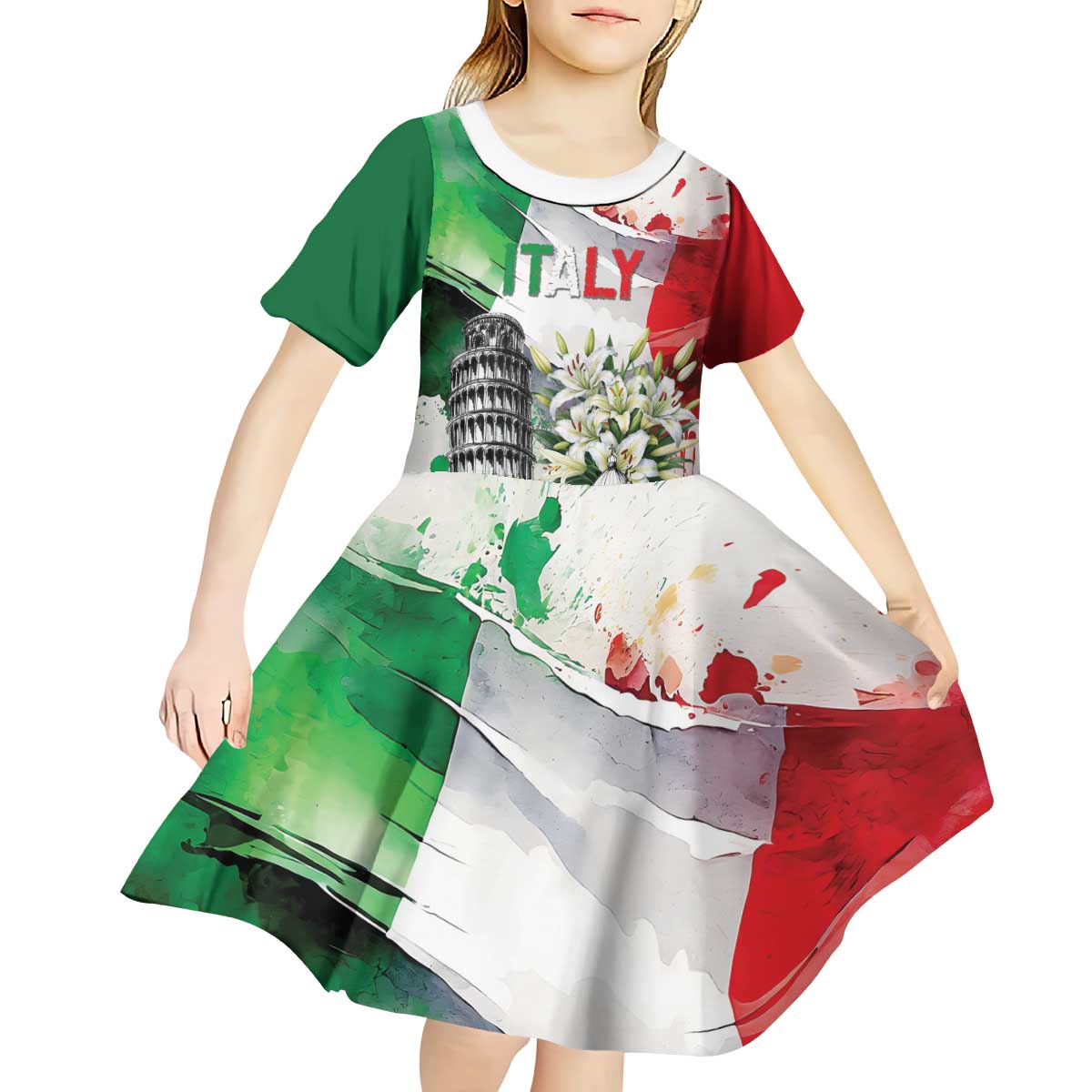 Italy Pisa Tower Kid Short Sleeve Dress White Lily With Flag Style - Wonder Print Shop