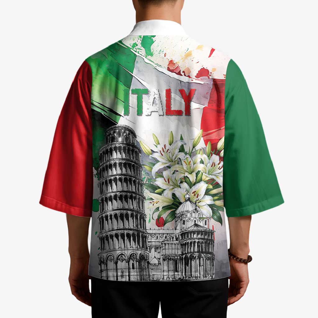 Italy Pisa Tower Kimono White Lily With Flag Style - Wonder Print Shop