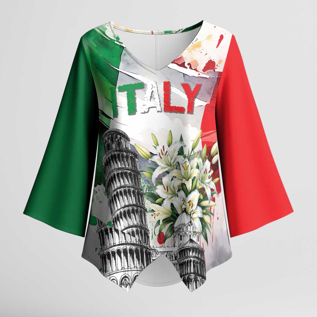 Italy Pisa Tower Kimono Sleeve Blouse White Lily With Flag Style - Wonder Print Shop