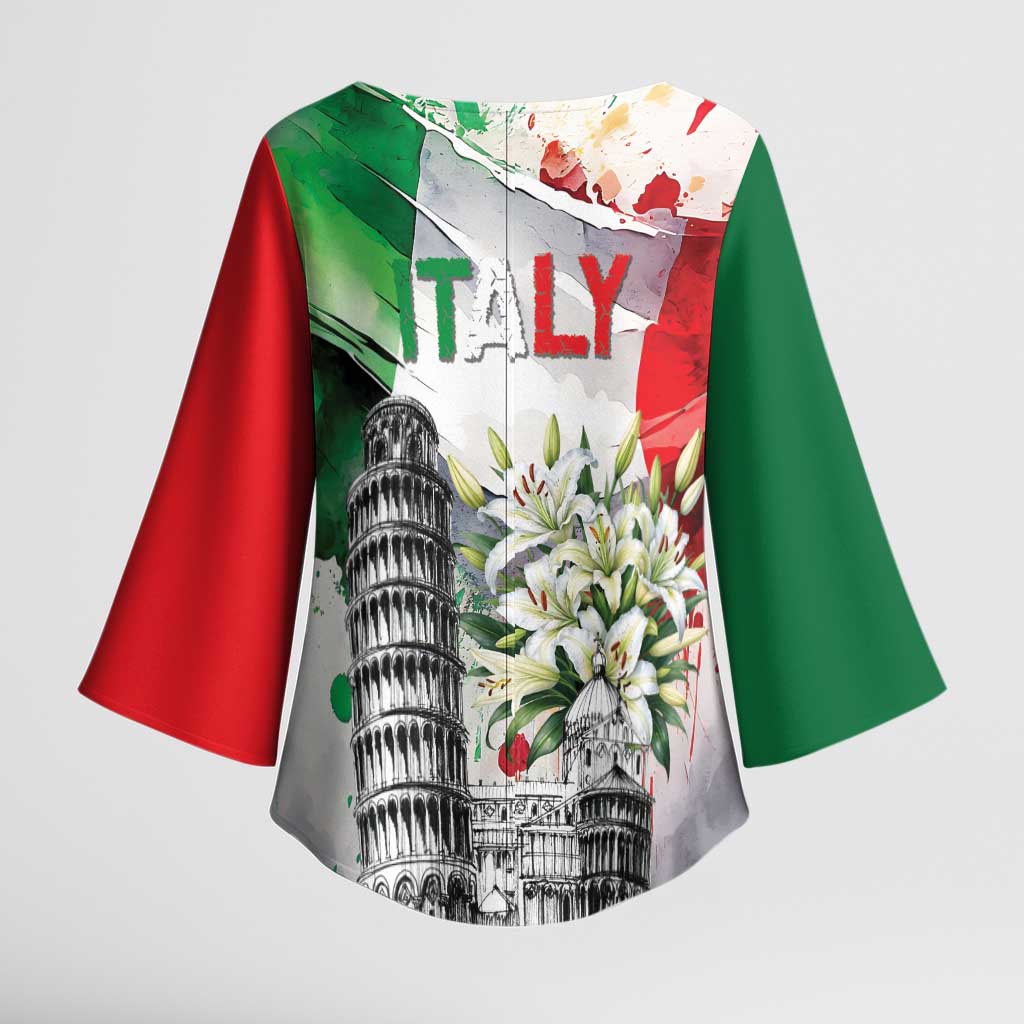Italy Pisa Tower Kimono Sleeve Blouse White Lily With Flag Style - Wonder Print Shop