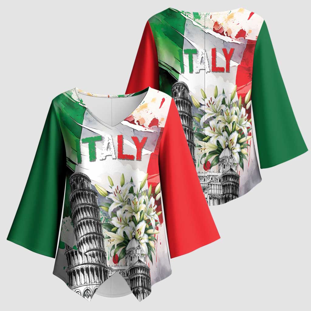 Italy Pisa Tower Kimono Sleeve Blouse White Lily With Flag Style - Wonder Print Shop