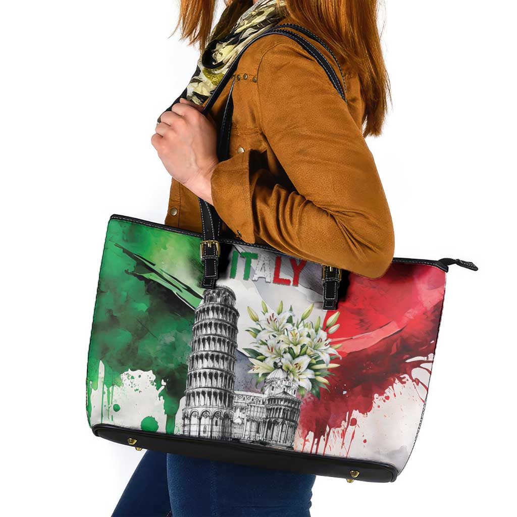 Italy Pisa Tower Leather Tote Bag White Lily With Flag Style - Wonder Print Shop