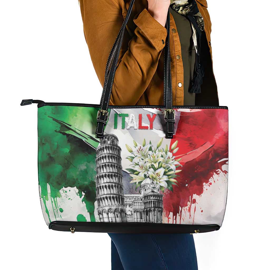 Italy Pisa Tower Leather Tote Bag White Lily With Flag Style - Wonder Print Shop