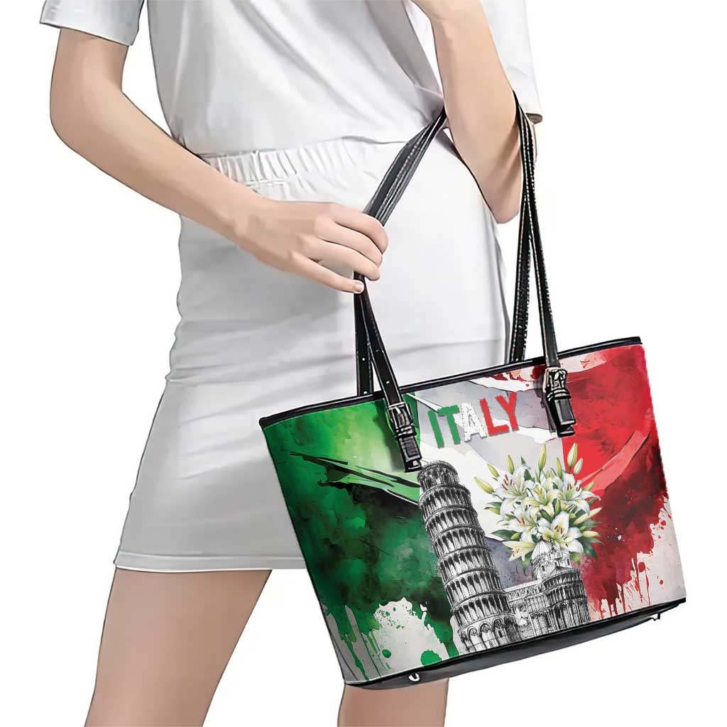 Italy Pisa Tower Leather Tote Bag White Lily With Flag Style - Wonder Print Shop
