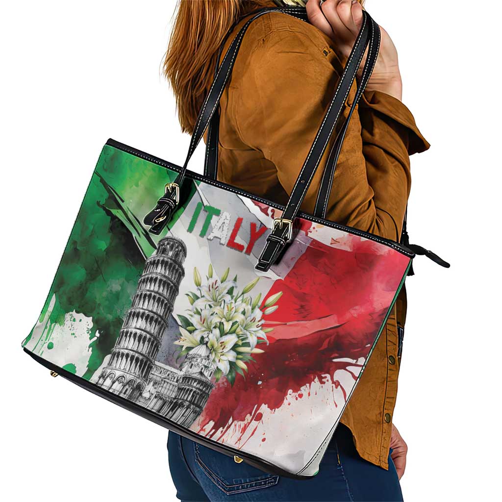 Italy Pisa Tower Leather Tote Bag White Lily With Flag Style - Wonder Print Shop