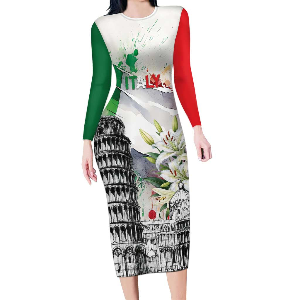 Italy Pisa Tower Long Sleeve Bodycon Dress White Lily With Flag Style - Wonder Print Shop