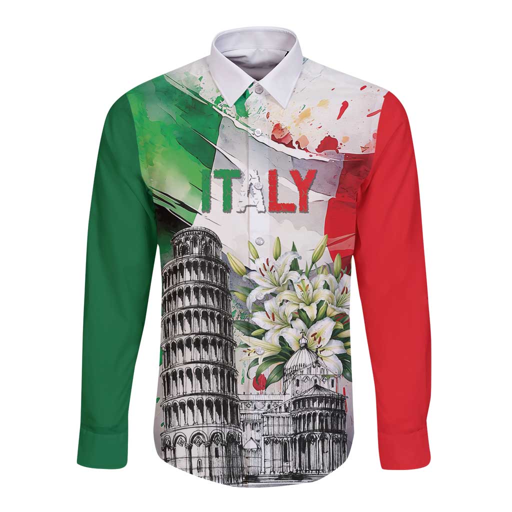 Italy Pisa Tower Long Sleeve Button Shirt White Lily With Flag Style - Wonder Print Shop