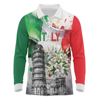 Italy Pisa Tower Long Sleeve Polo Shirt White Lily With Flag Style - Wonder Print Shop