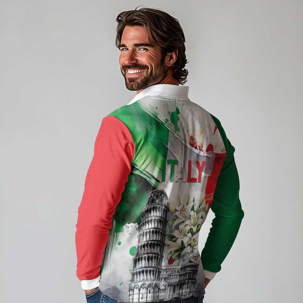 Italy Pisa Tower Long Sleeve Polo Shirt White Lily With Flag Style - Wonder Print Shop