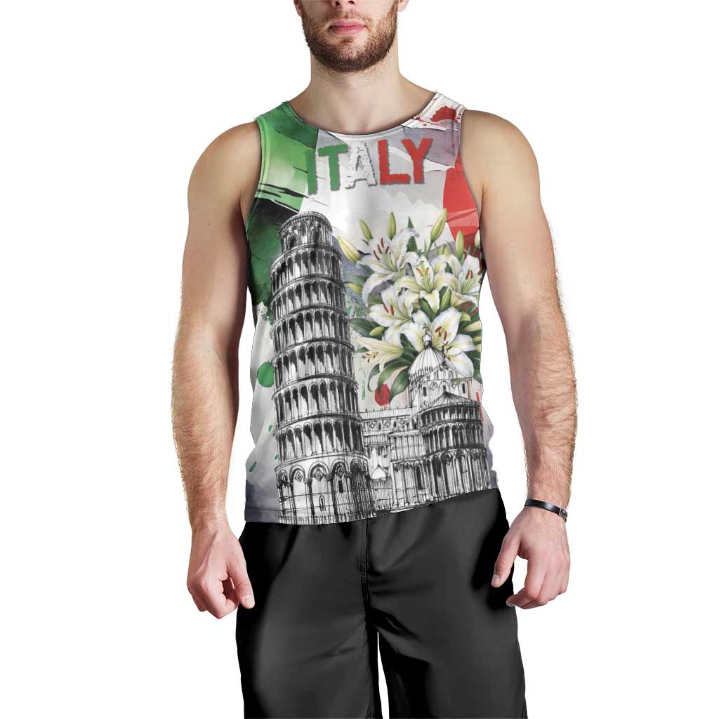Italy Pisa Tower Men Tank Top White Lily With Flag Style - Wonder Print Shop