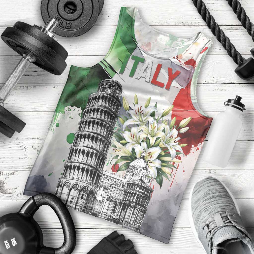Italy Pisa Tower Men Tank Top White Lily With Flag Style - Wonder Print Shop