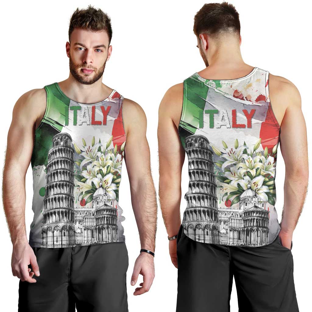 Italy Pisa Tower Men Tank Top White Lily With Flag Style - Wonder Print Shop