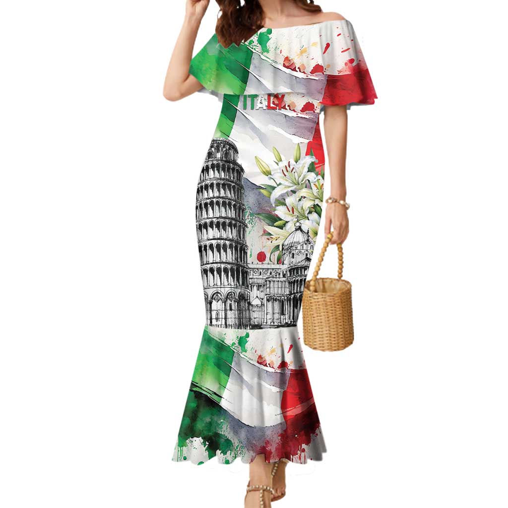 Italy Pisa Tower Mermaid Dress White Lily With Flag Style - Wonder Print Shop